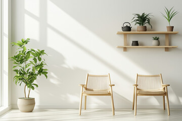 a serene home coffee relax corner that blends Japandi style ,featuring a wooden chair, a round table, and potted plant 