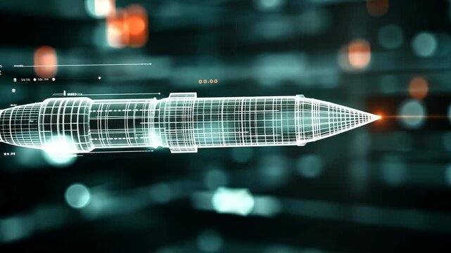 Digital wireframe model of missile or rocket against dark background with glowing data points