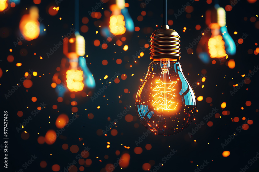 Poster a stunning close-up of a glowing light bulb surrounded by shimmering sparks, creating a warm and inv