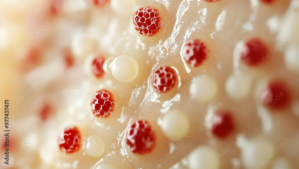 Aufkleber close-up view of textured surface featuring small round structures in various colors, highlighting i