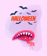 Halloween lettering with monster month with dripping saliva. Flying bats on abstract background. Celebration, party, fear concept. Vector illustration for invitation, banner or poster