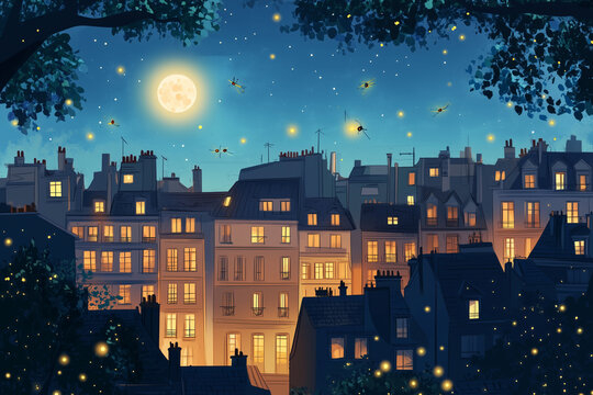 a serene night scene in Paris, with iconic Parisian architecture under the soft glow of the moon and gently swaying trees along the streets. Fireflies glow softly around the scene,