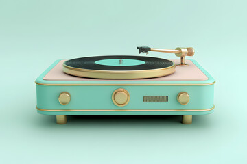 Fototapeta premium A 3D render features a vintage record player in pastel colors, showcasing intricate details. The vinyl disc rests on the turntable, set against a minimalist pastel background