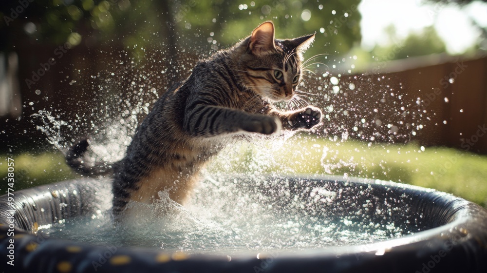 Poster A dynamic shot of a cat jumping into a shallow kiddie pool, splashing water everywhere with excitement, in a backyard setting.