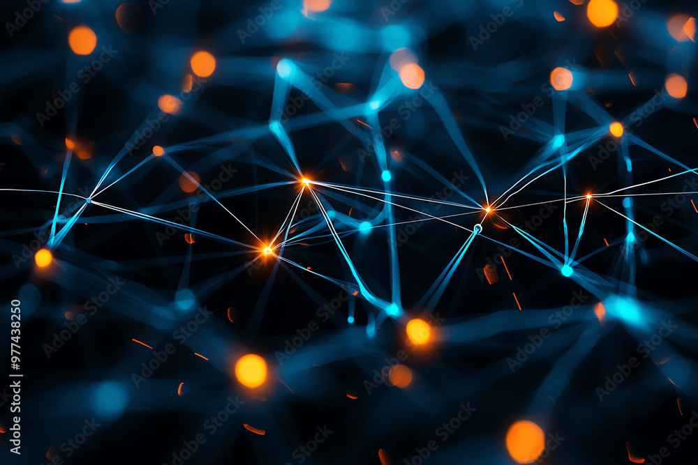 Poster abstract network design with bright nodes and glowing connections, showcasing modern technology and 