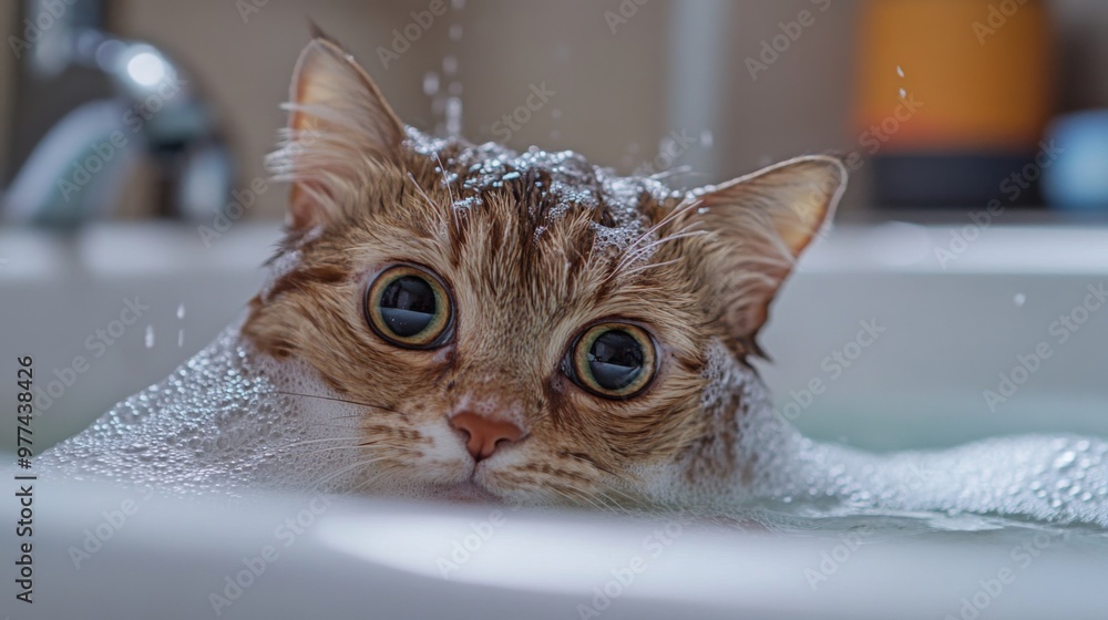 Poster A dynamic shot of a cat's first bath experience, with a mix of curiosity and apprehension as it explores the bath environment, capturing the learning process.