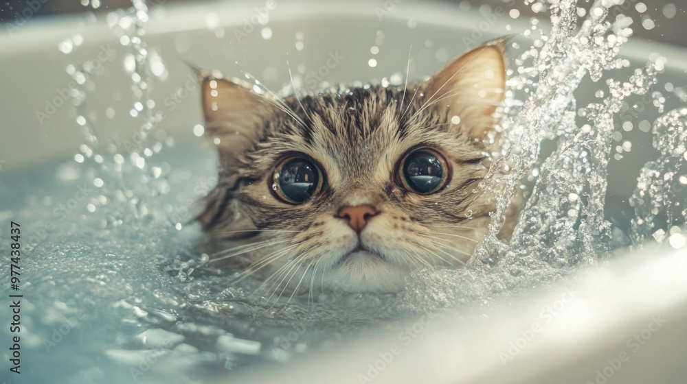 Poster A dynamic shot of a cat's first bath experience, with a mix of curiosity and apprehension as it explores the bath environment, capturing the learning process.