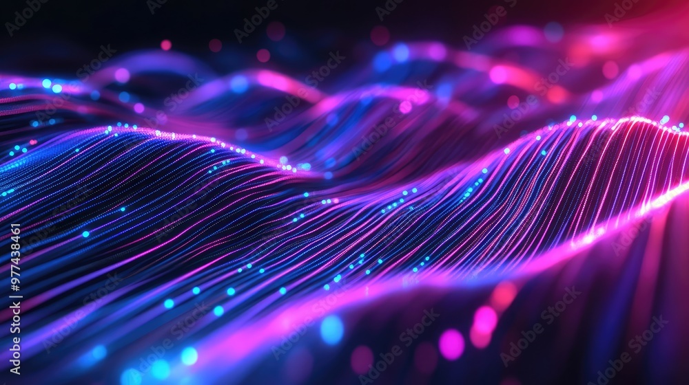 Poster pulsating neon lines stretching and bending, creating an abstract digital wave.