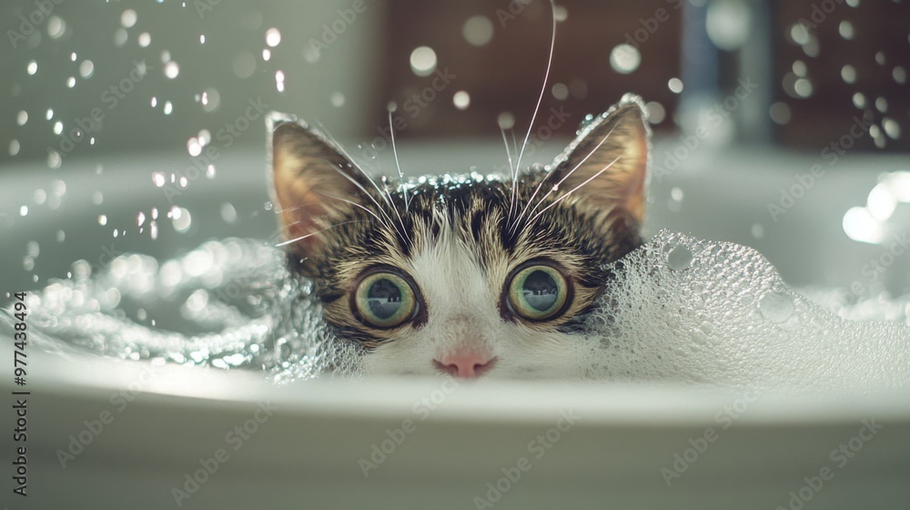 Poster A dynamic shot of a cat's first bath experience, with a mix of curiosity and apprehension as it explores the bath environment, capturing the learning process.