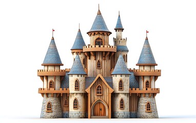 Obraz premium Enchanting Cartoon Style Wooden Fantasy Castle Model - 3D Rendering with Whimsical Turrets and Colorful Details on White Background