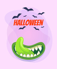 Halloween poster with monster month and tongue. Flying bats on abstract background. Celebration, party, holiday concept. Vector illustration for invitation, postcard or banner