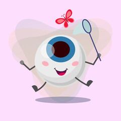 Happy eyeball cartoon character with hoop net catching butterfly vector illustration. Human organ of vision, eyesight, botany, insects concept for banner or web design