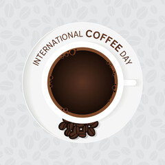 International Coffee Day. white coffee cup design with black coffee beans on the side