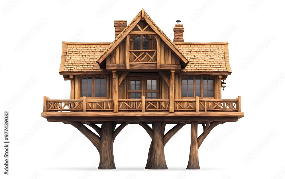 Poster enchanting wooden fantasy treehouse - cartoon style 3d render front view with cozy windows and intri