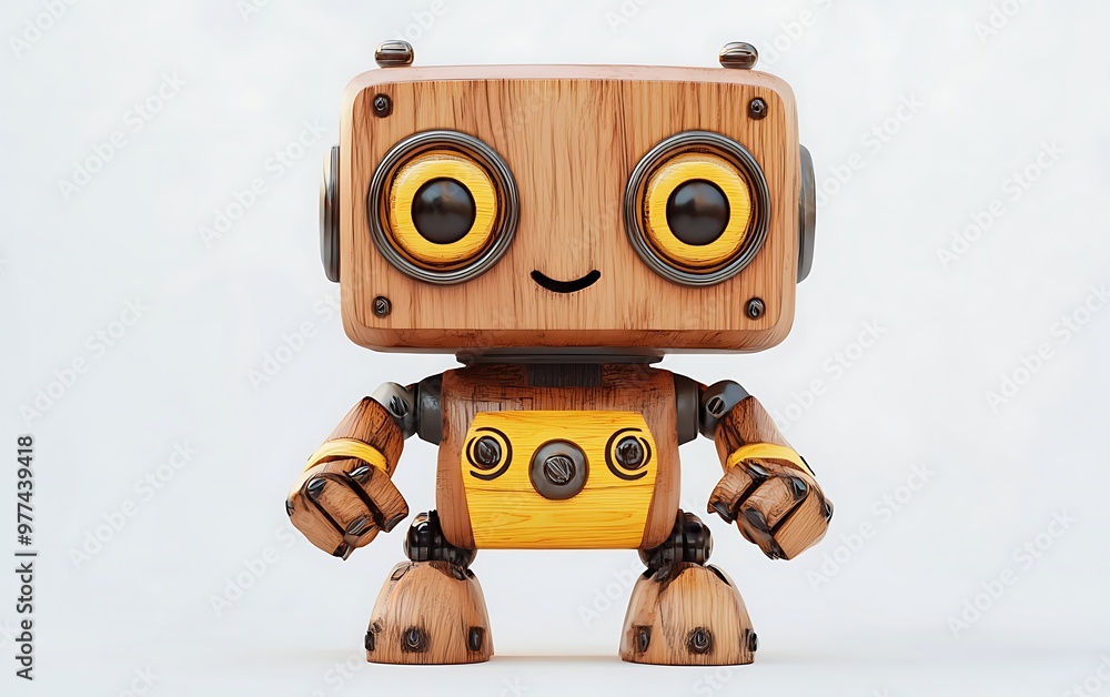Poster adorable wooden robot in cartoon style on white background - 3d render with charming buttons and vib