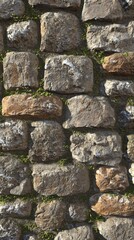 Ancient stone wall texture adorned with vibrant moss in the sunlight of a serene garden