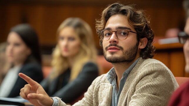 19. A debate participant speaking with intensity, pointing toward the audience while making their argument, the other debaters seated beside them