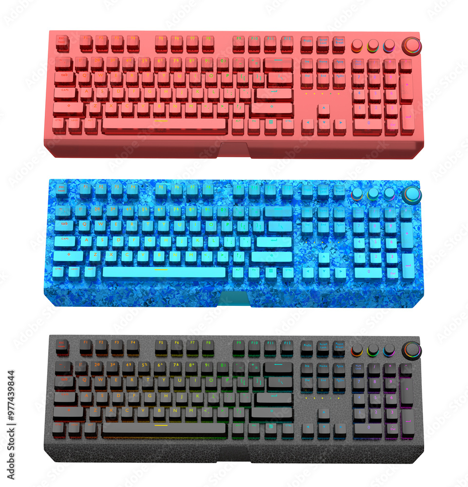 Poster collection of mechanical keyboards isolated on white background with clipping path. 3d rendering of 