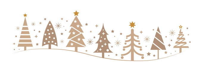Collection of beige Christmas trees and golden Stars in different design - vector illustration