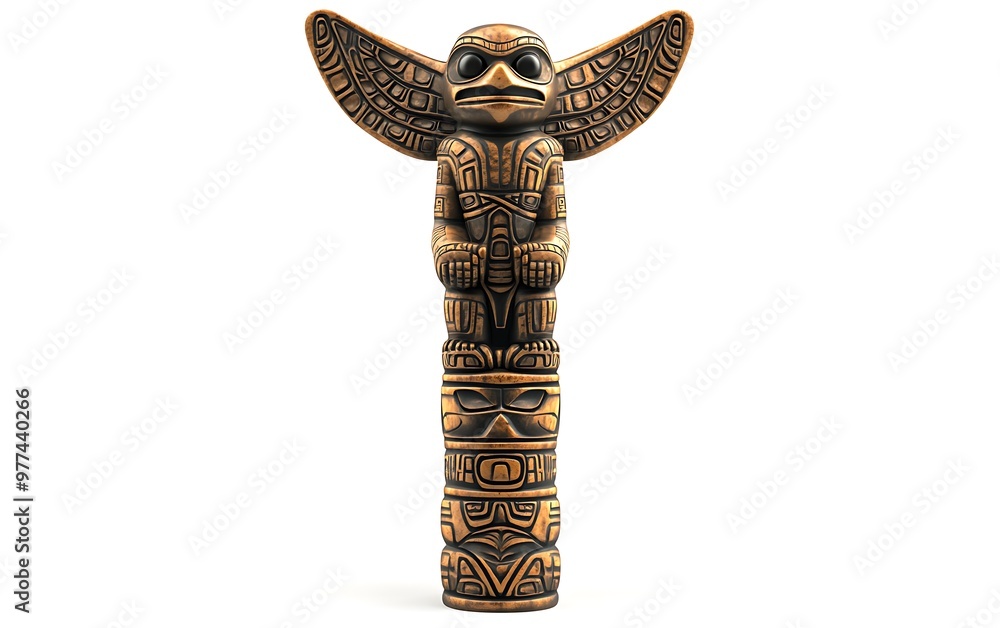 Poster whimsical bronze totem pole with intricate patterns - cartoon style 3d rendering