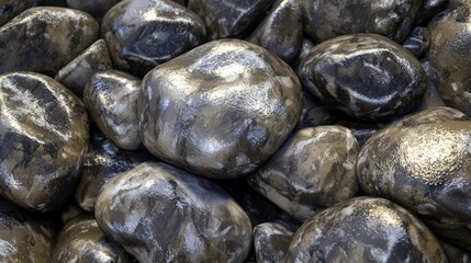 Shimmering black stones scattered on a natural landscape under soft sunlight