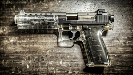 A black and clear semi-automatic pistol lies on a weathered wood surface.