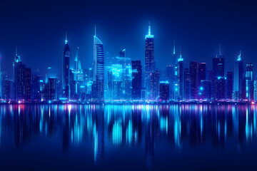 Fototapeta premium Stunning night cityscape featuring modern skyscrapers illuminated in blue light, reflecting on the water for a captivating view.