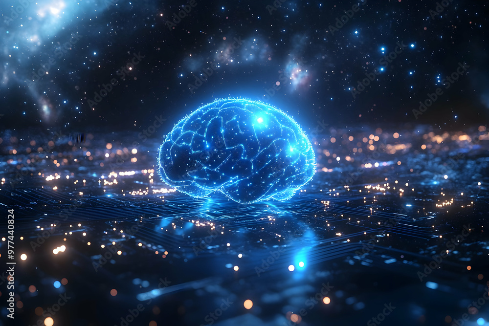 Poster a futuristic digital brain glowing in a cosmic environment, symbolizing artificial intelligence and 