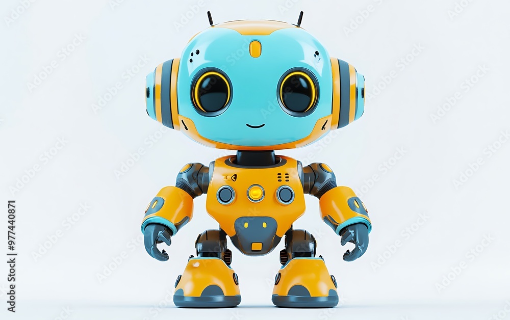 Aufkleber adorable plush cartoon robot in 3d rendering with charming buttons and soft textures on white backgr