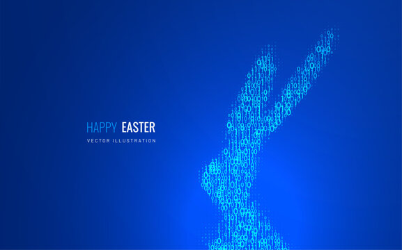 Easter banner with rabbit in digital style. Vector illustration of Easter background in technological style