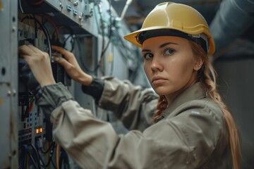A woman in a yellow hard hat is working on a power box, generative ai image
