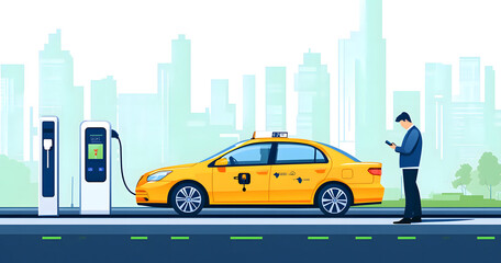 Electric Taxi Charging at a Station in a Modern City Environment