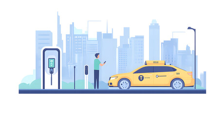 Electric Taxi Charging at a Station in a Modern City Environment