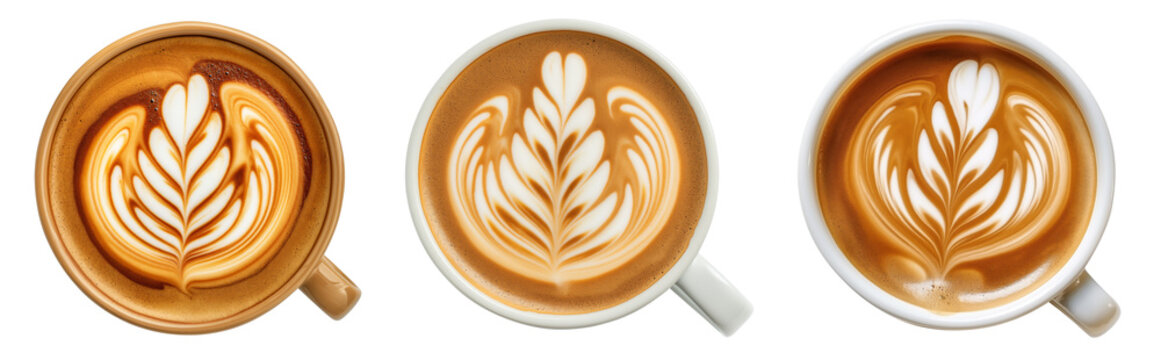 A set of coffee latte art, flat lay top down view, isolated against a transparent background
