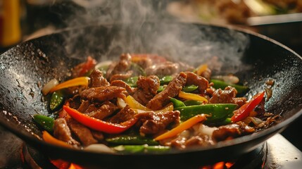 A dynamic shot of a sizzling pork stir-fry in a wok, with colorful bell peppers, onions, and snap peas, being tossed and cooked over high heat.
