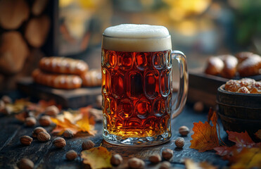 Mug of beer on a wooden table. Glass of beer on a wooden table
