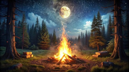 Obraz premium Rustic scene of bonfire in front of forest with sparks and moonlight, perfect for a cozy outdoor setting