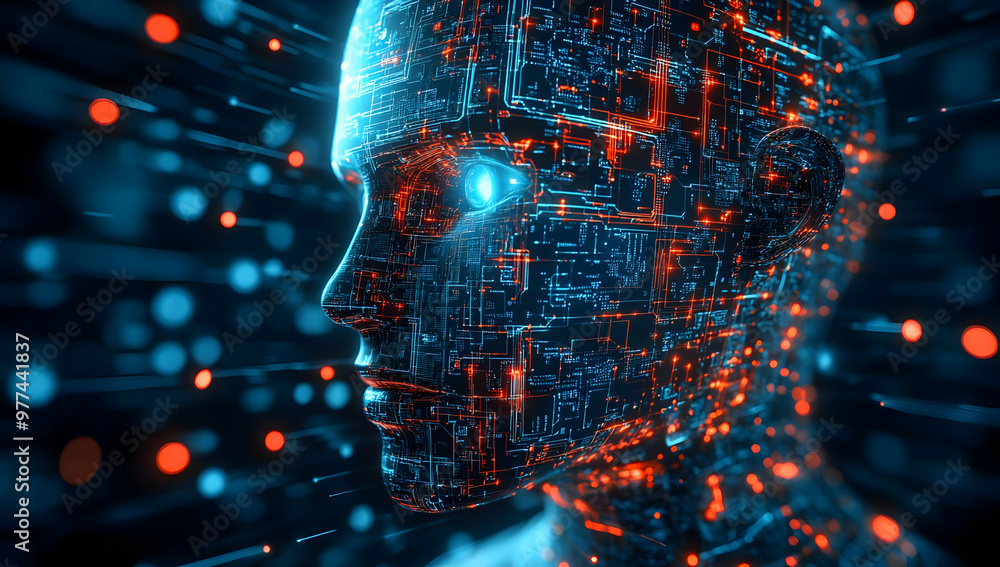 Poster futuristic digital head with circuit patterns glowing in blue and red, symbolizing artificial intell