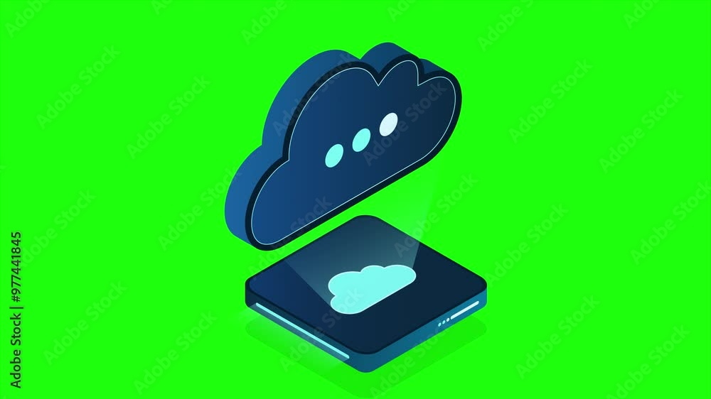 Poster isometric cloud database animation. cloud computing and file cloud storage. modern technology. motio