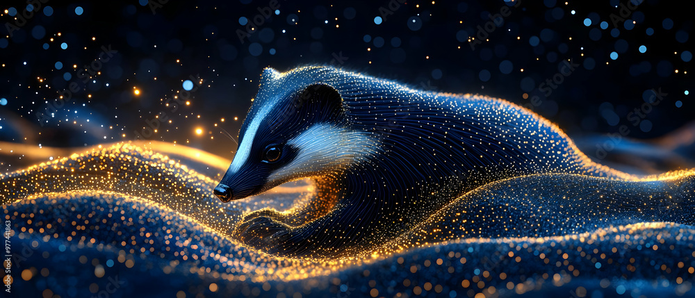 Poster a mesmerizing representation of a badger in a shimmering, magical landscape filled with glowing part