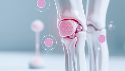 A 3D-rendered knee joint in motion, surrounded by medical icons like healing symbols, showcasing orthopedic solutions for knee pain