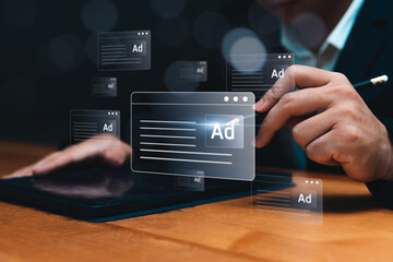 Online marketing and advertising internet concept. Businessman using tablet brainstorming, planning, strategy for future business promotion on websites and social media for traffic and awareness.