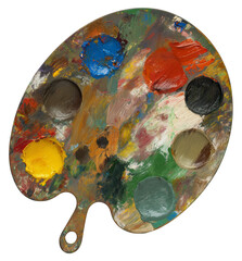 Fototapeta premium weathered and overly used painting palette, isolated against a transparent background