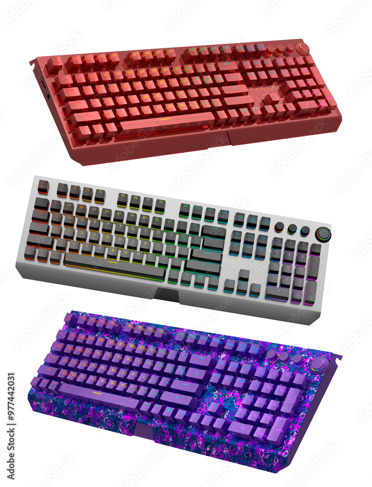 Poster collection of mechanical keyboards isolated on white background with clipping path. 3d rendering of 