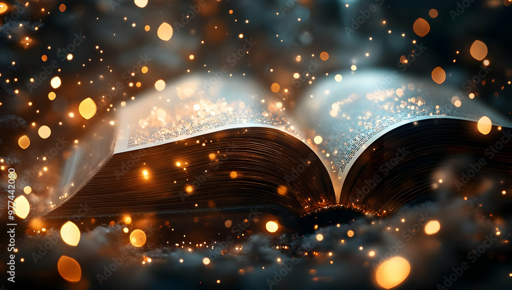 Poster a mystical open book surrounded by glowing sparks, creating a magical atmosphere of knowledge and im