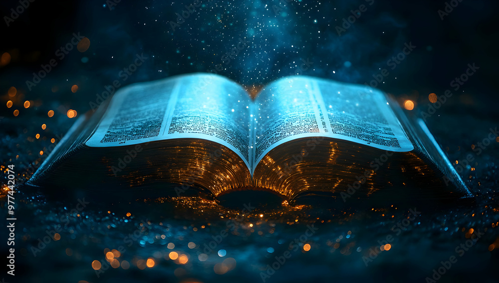 Poster an enchanting open book surrounded by sparkling light particles, evoking a sense of magic and myster