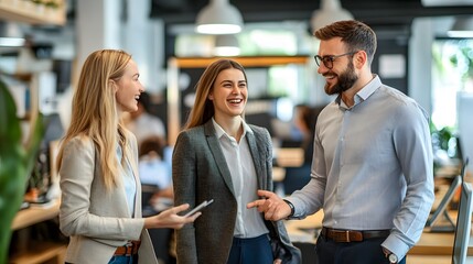 Three colleagues laughing and talking in a modern office