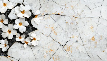 A broken marble mosaic with scattered floral patterns, surrounded by grunge effects like faded ink stains and rough, cracked surfaces