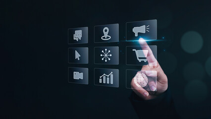 Online marketing and advertising internet concept. Businessman brainstorming, planning, strategy for future business promotion on websites and social media for traffic and awareness.