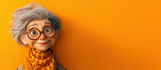 Happy smiling character, old senior mature woman, grandmother in warm knitted sweater, 3D style. Banner with copy space.